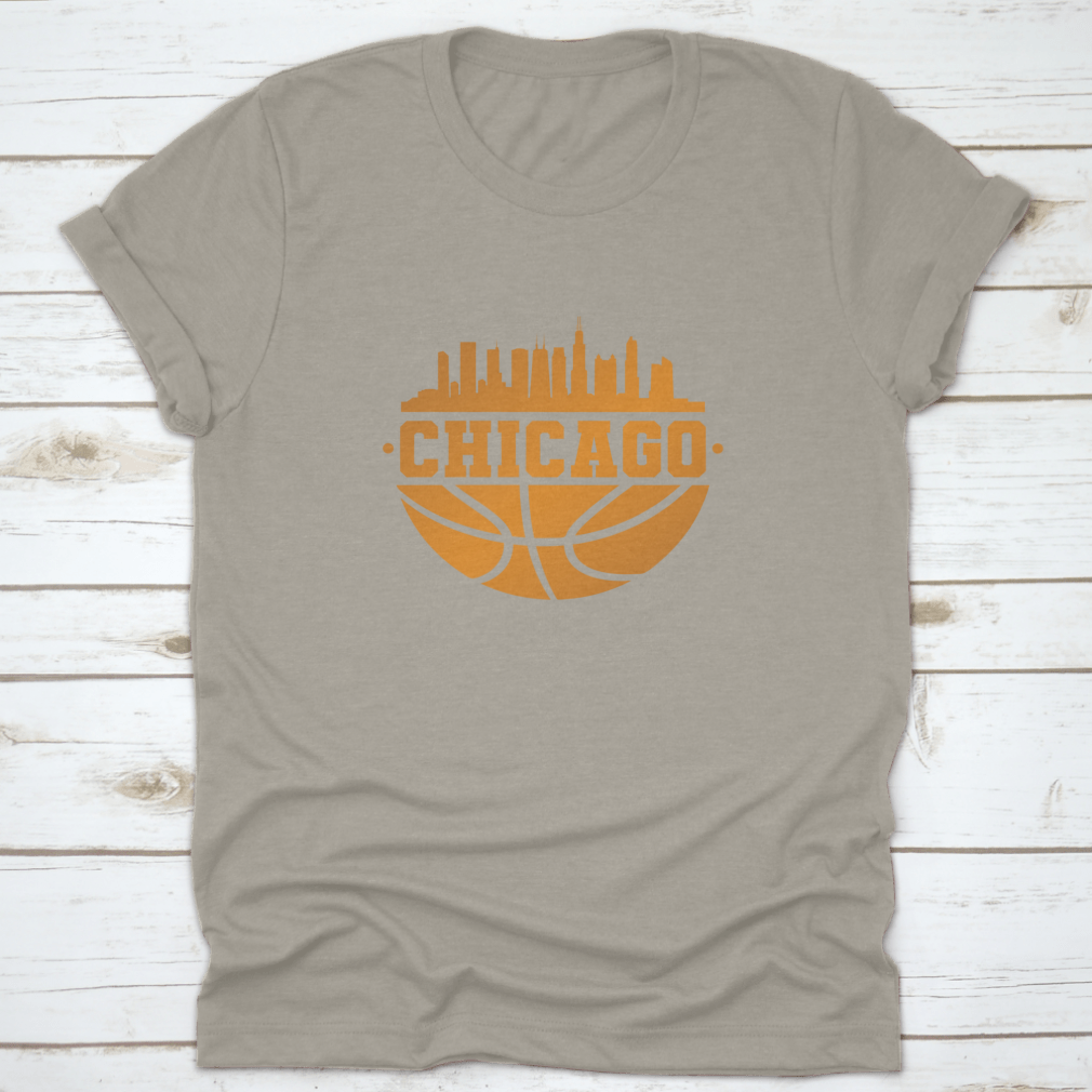 Chicago skyline silhouette with basketball elements, showcasing the city's iconic architecture.