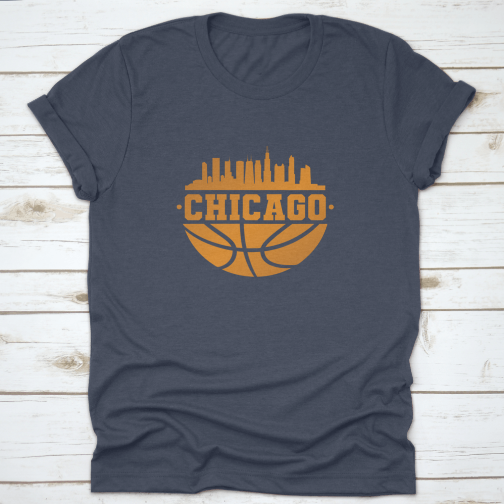 Chicago skyline silhouette with basketball elements, showcasing the city's iconic architecture.