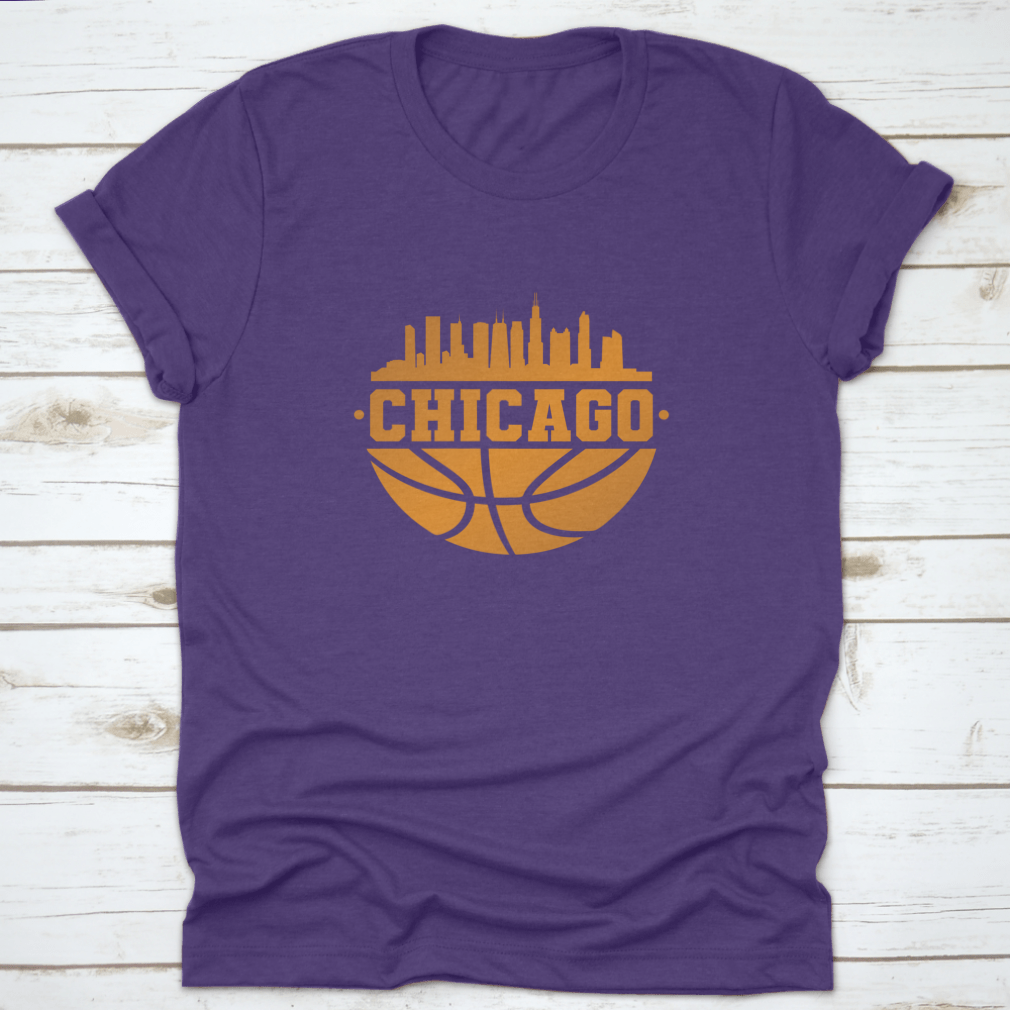 Chicago skyline silhouette with basketball elements, showcasing the city's iconic architecture.