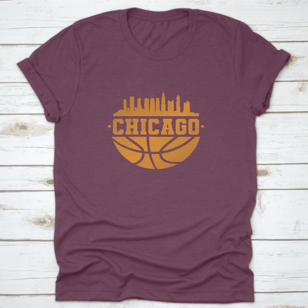 Chicago skyline silhouette with basketball elements, showcasing the city's iconic architecture.