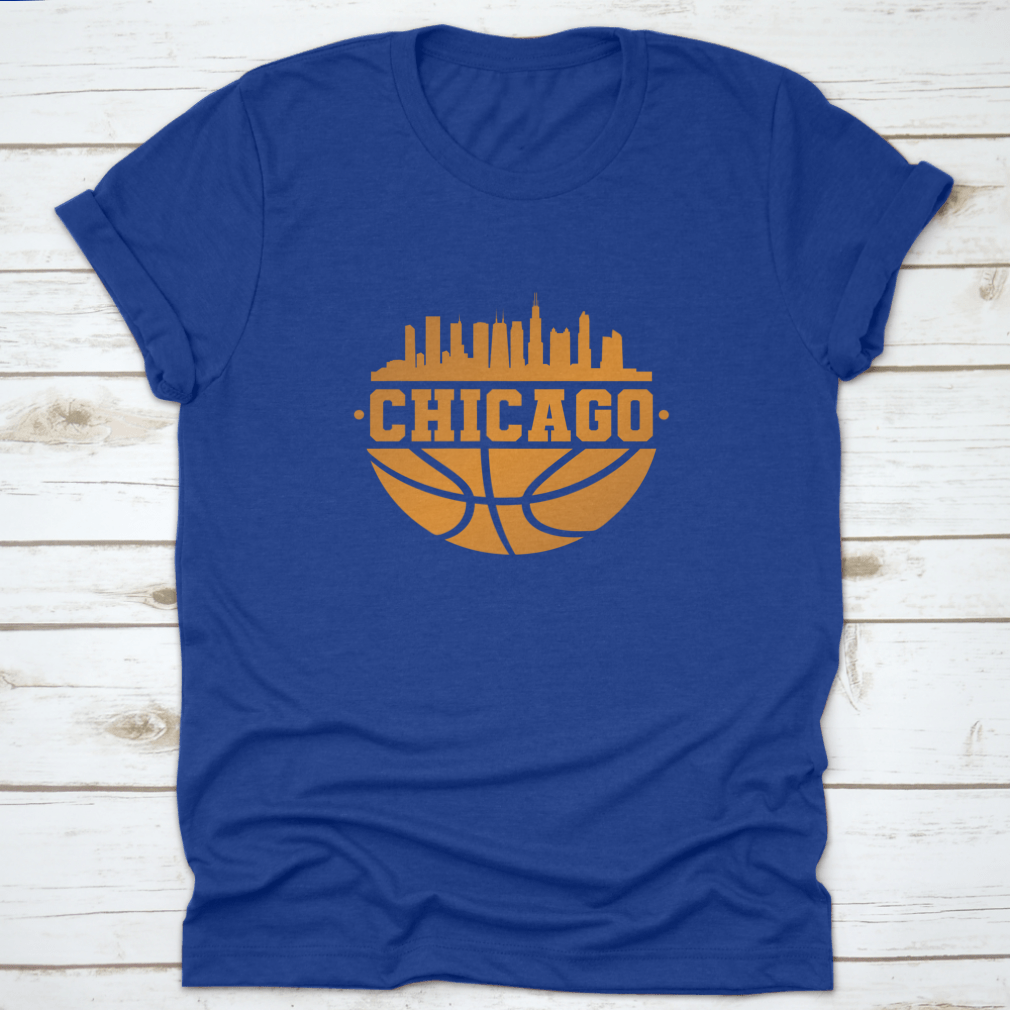 Chicago skyline silhouette with basketball elements, showcasing the city's iconic architecture.