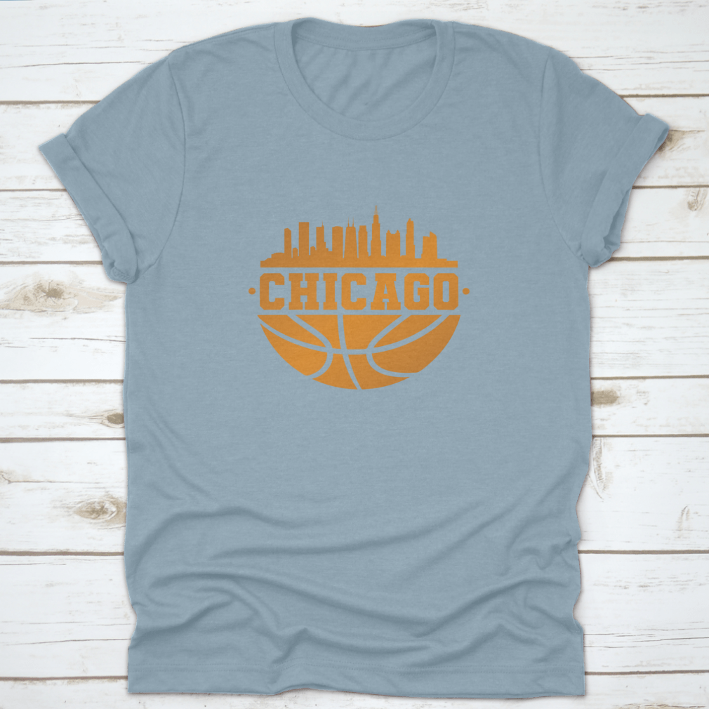 Chicago skyline silhouette with basketball elements, showcasing the city's iconic architecture.