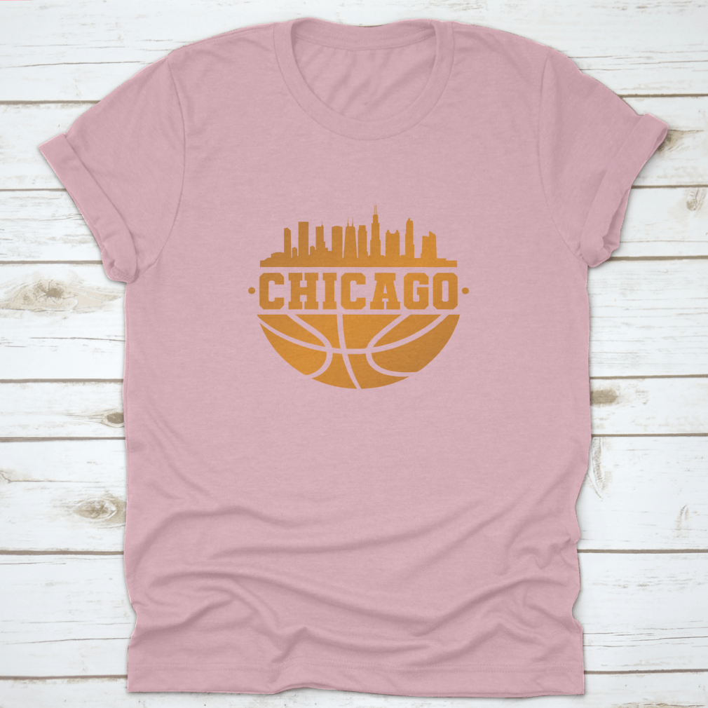 Chicago skyline silhouette with basketball elements, showcasing the city's iconic architecture.