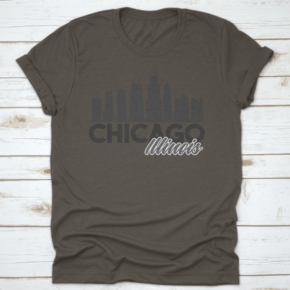 A stylish t-shirt featuring the Chicago Illinois skyline in a vibrant vector art design, perfect for tourists and locals.