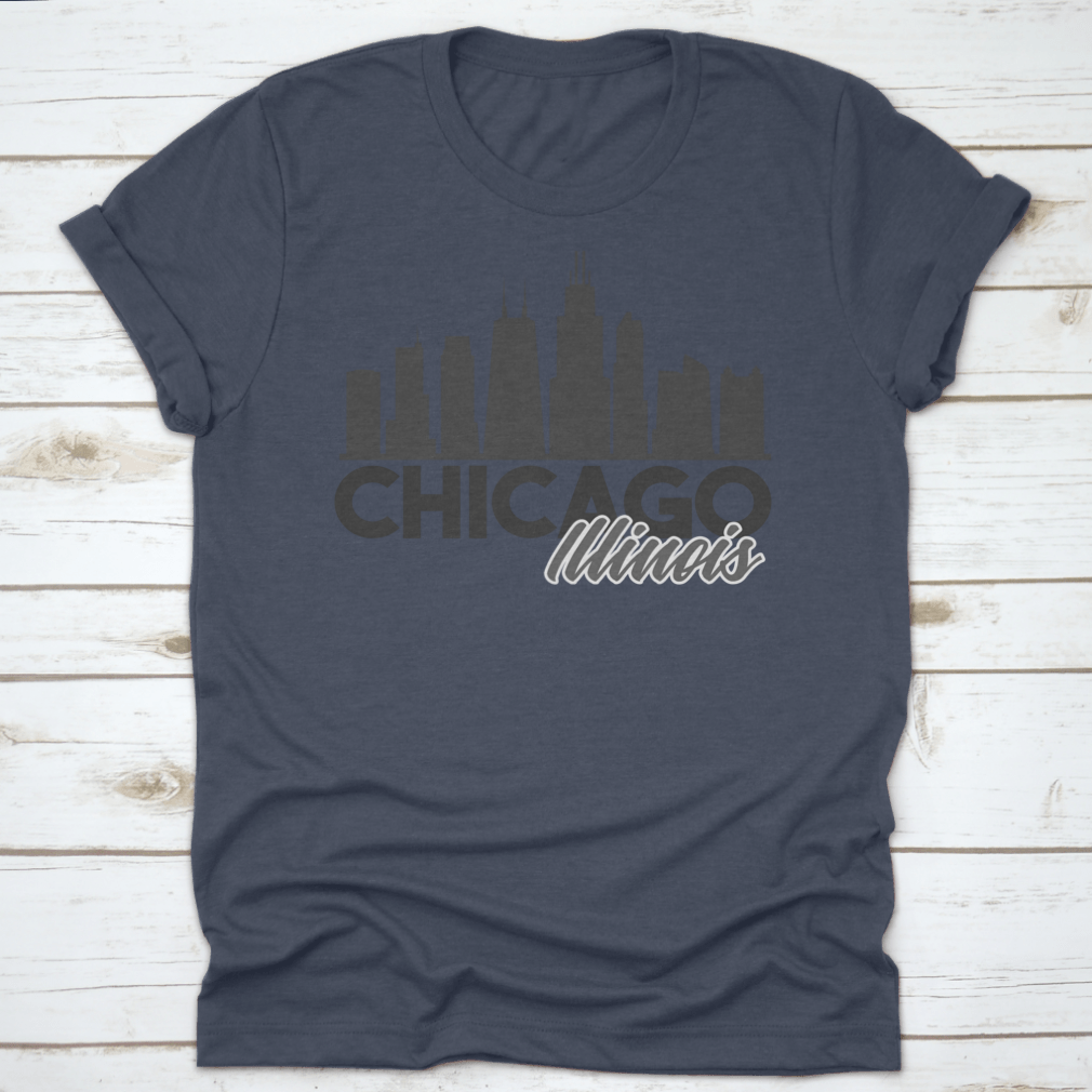 A stylish t-shirt featuring the Chicago Illinois skyline in a vibrant vector art design, perfect for tourists and locals.