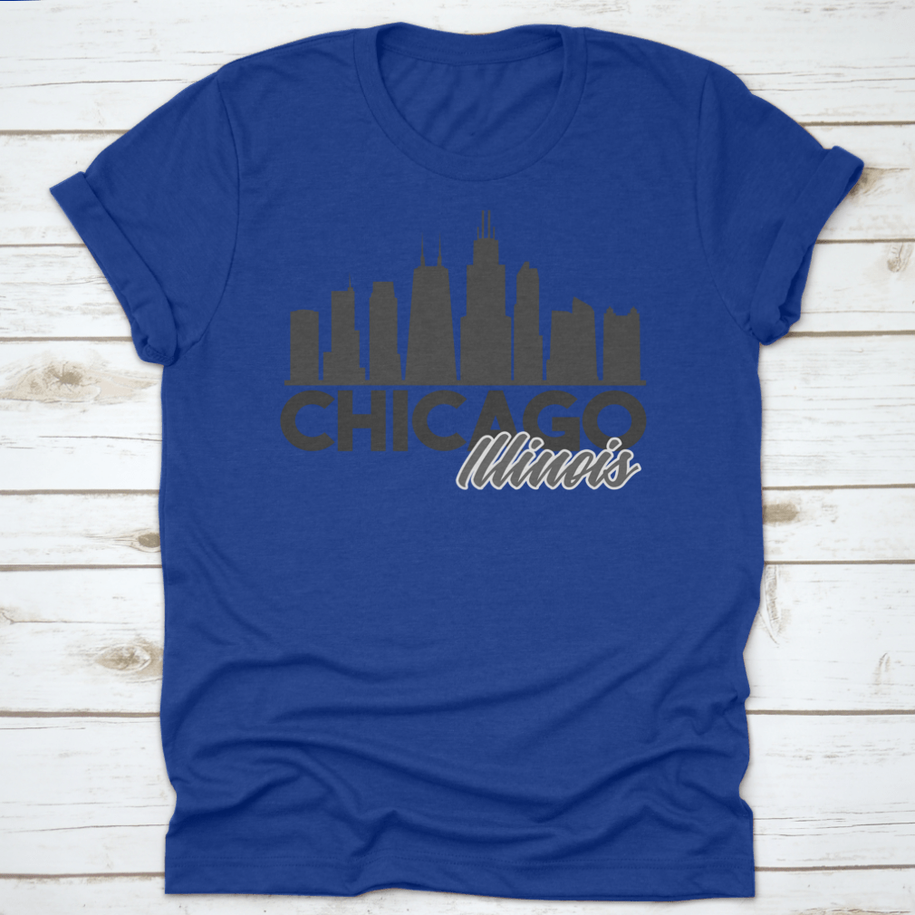A stylish t-shirt featuring the Chicago Illinois skyline in a vibrant vector art design, perfect for tourists and locals.