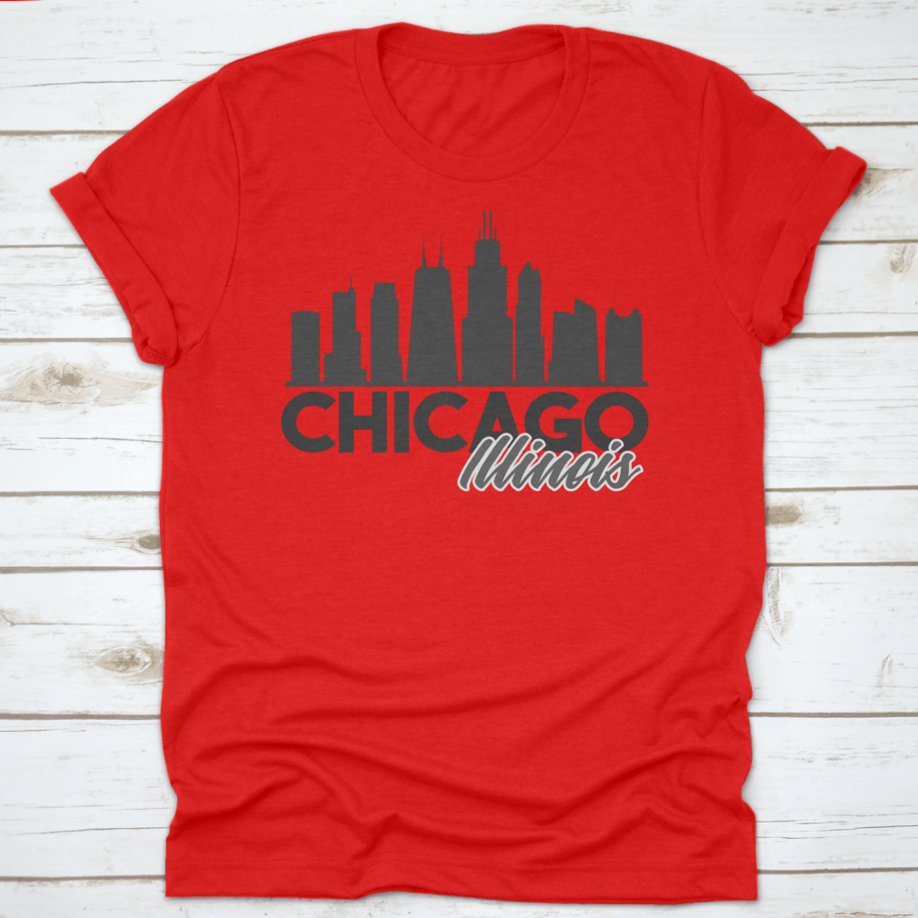 A stylish t-shirt featuring the Chicago Illinois skyline in a vibrant vector art design, perfect for tourists and locals.