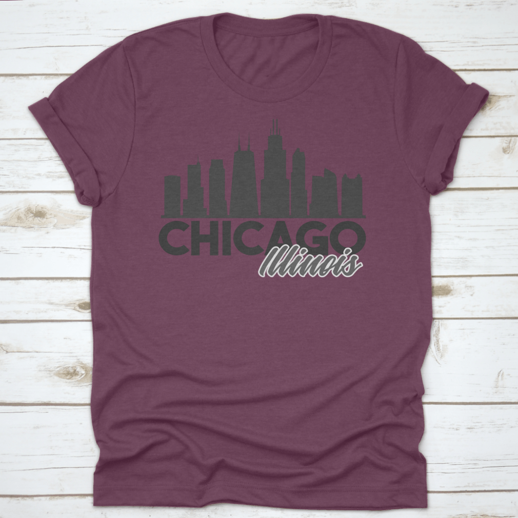 A stylish t-shirt featuring the Chicago Illinois skyline in a vibrant vector art design, perfect for tourists and locals.