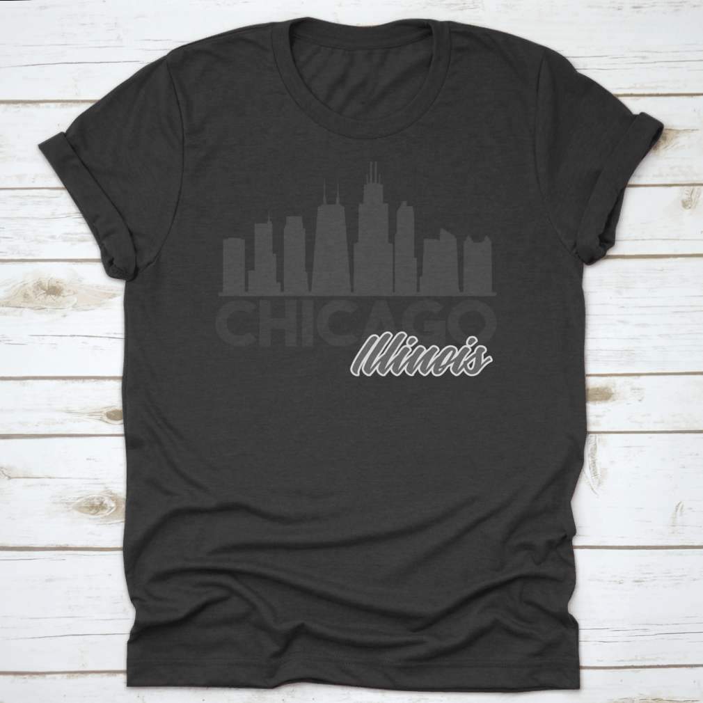 A stylish t-shirt featuring the Chicago Illinois skyline in a vibrant vector art design, perfect for tourists and locals.