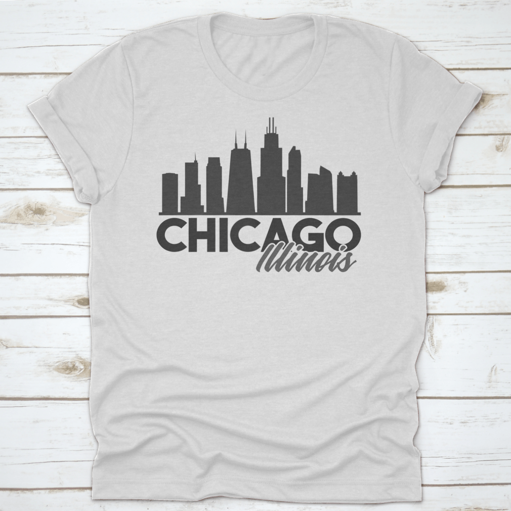A stylish t-shirt featuring the Chicago Illinois skyline in a vibrant vector art design, perfect for tourists and locals.
