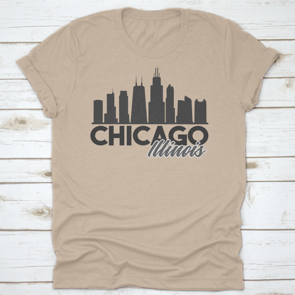 A stylish t-shirt featuring the Chicago Illinois skyline in a vibrant vector art design, perfect for tourists and locals.