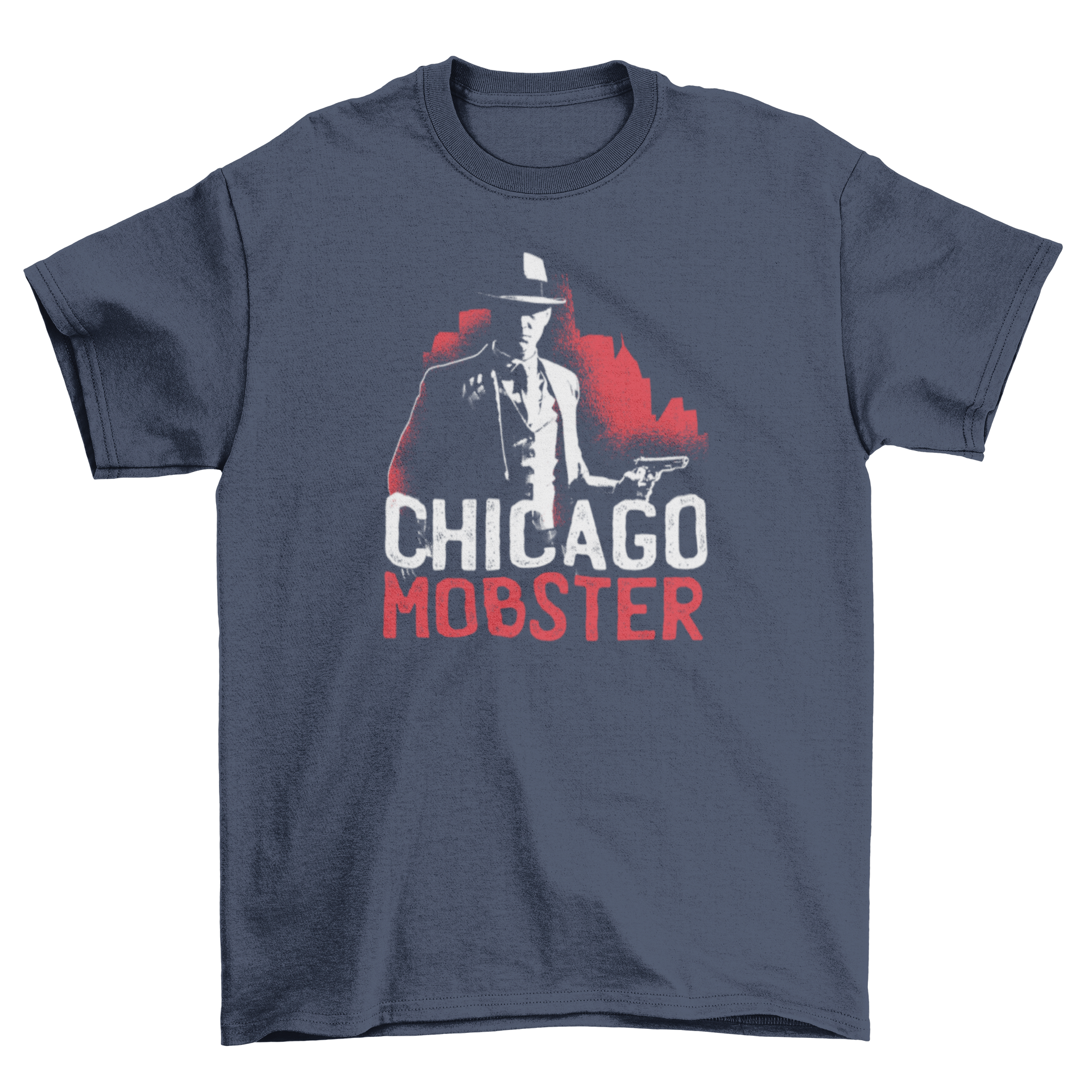 Chicago Mobster T-shirt featuring an American gangster with a gun and bold text.