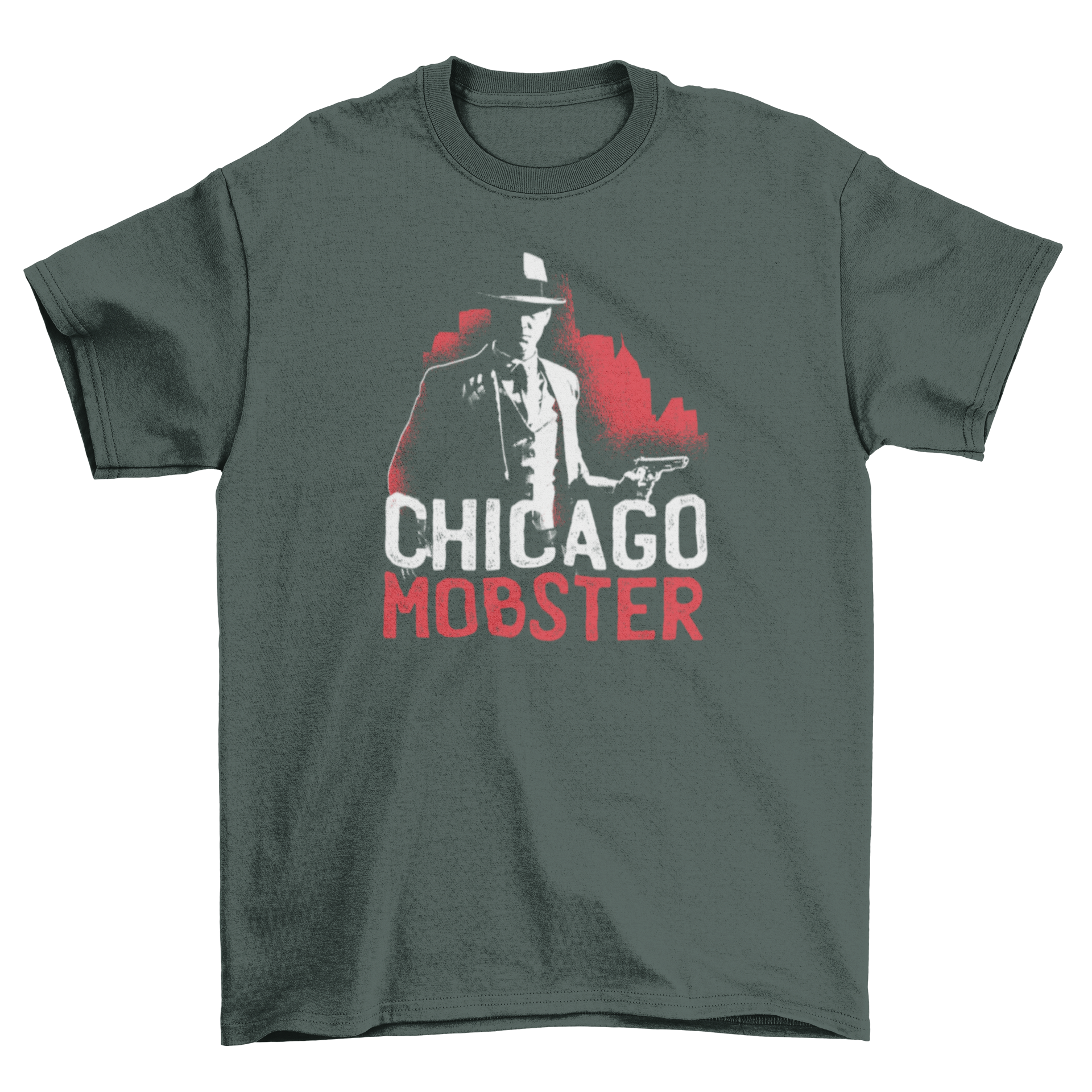 Chicago Mobster T-shirt featuring an American gangster with a gun and bold text.