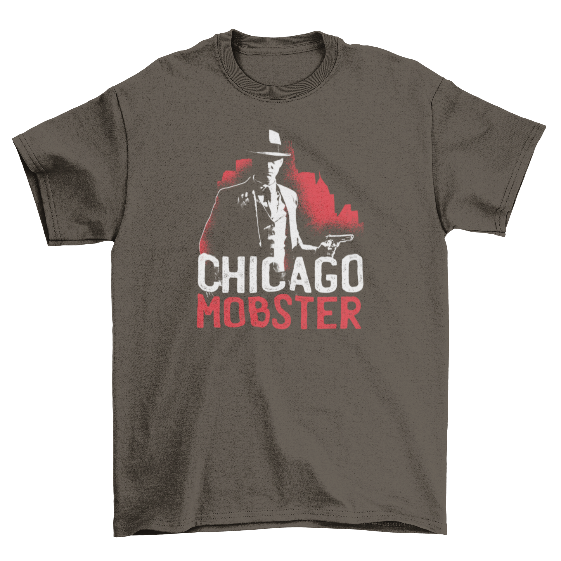 Chicago Mobster T-shirt featuring an American gangster with a gun and bold text.