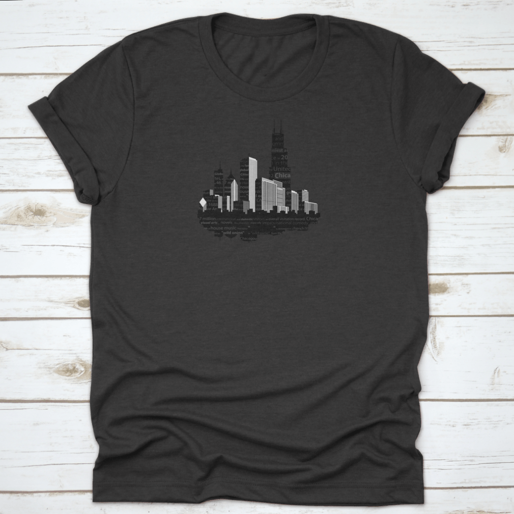 Chicago Modern City Silhouette T-shirt featuring a notable word cloud design in black ink on a soft cotton fabric.