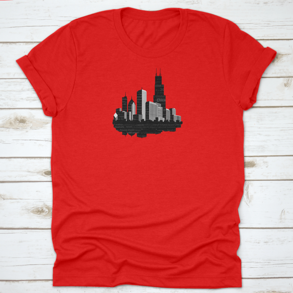Chicago Modern City Silhouette T-shirt featuring a notable word cloud design in black ink on a soft cotton fabric.
