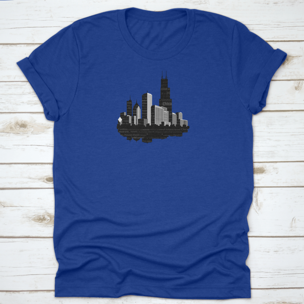 Chicago Modern City Silhouette T-shirt featuring a notable word cloud design in black ink on a soft cotton fabric.