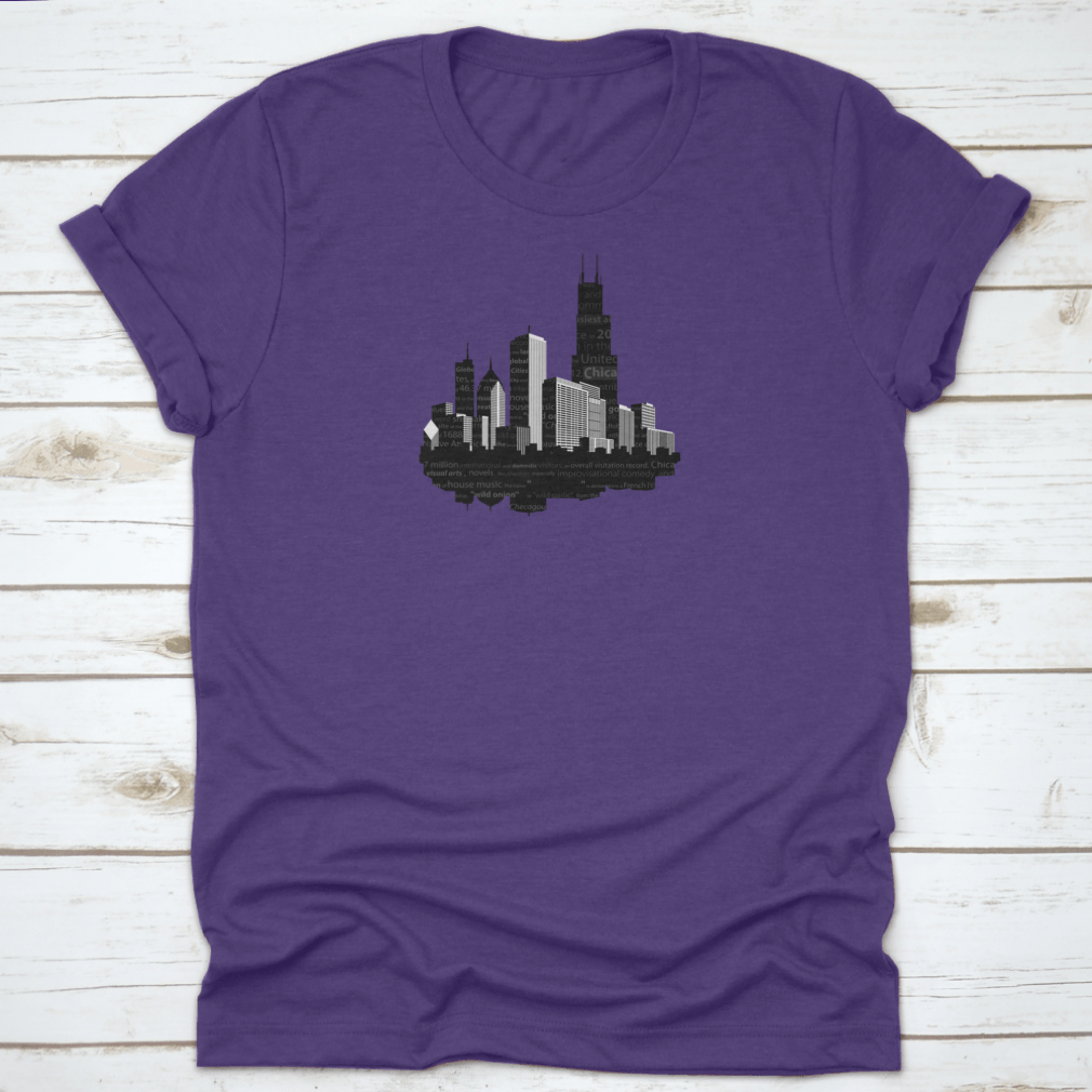 Chicago Modern City Silhouette T-shirt featuring a notable word cloud design in black ink on a soft cotton fabric.