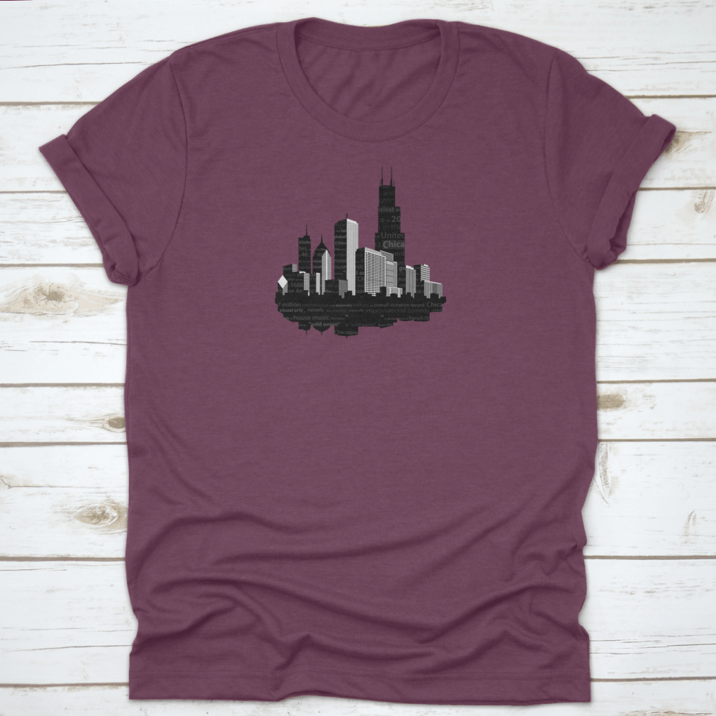Chicago Modern City Silhouette T-shirt featuring a notable word cloud design in black ink on a soft cotton fabric.