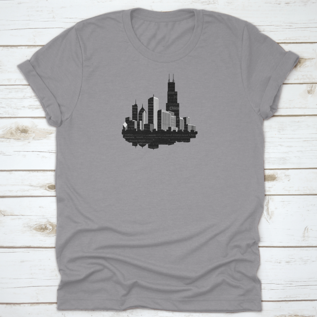 Chicago Modern City Silhouette T-shirt featuring a notable word cloud design in black ink on a soft cotton fabric.