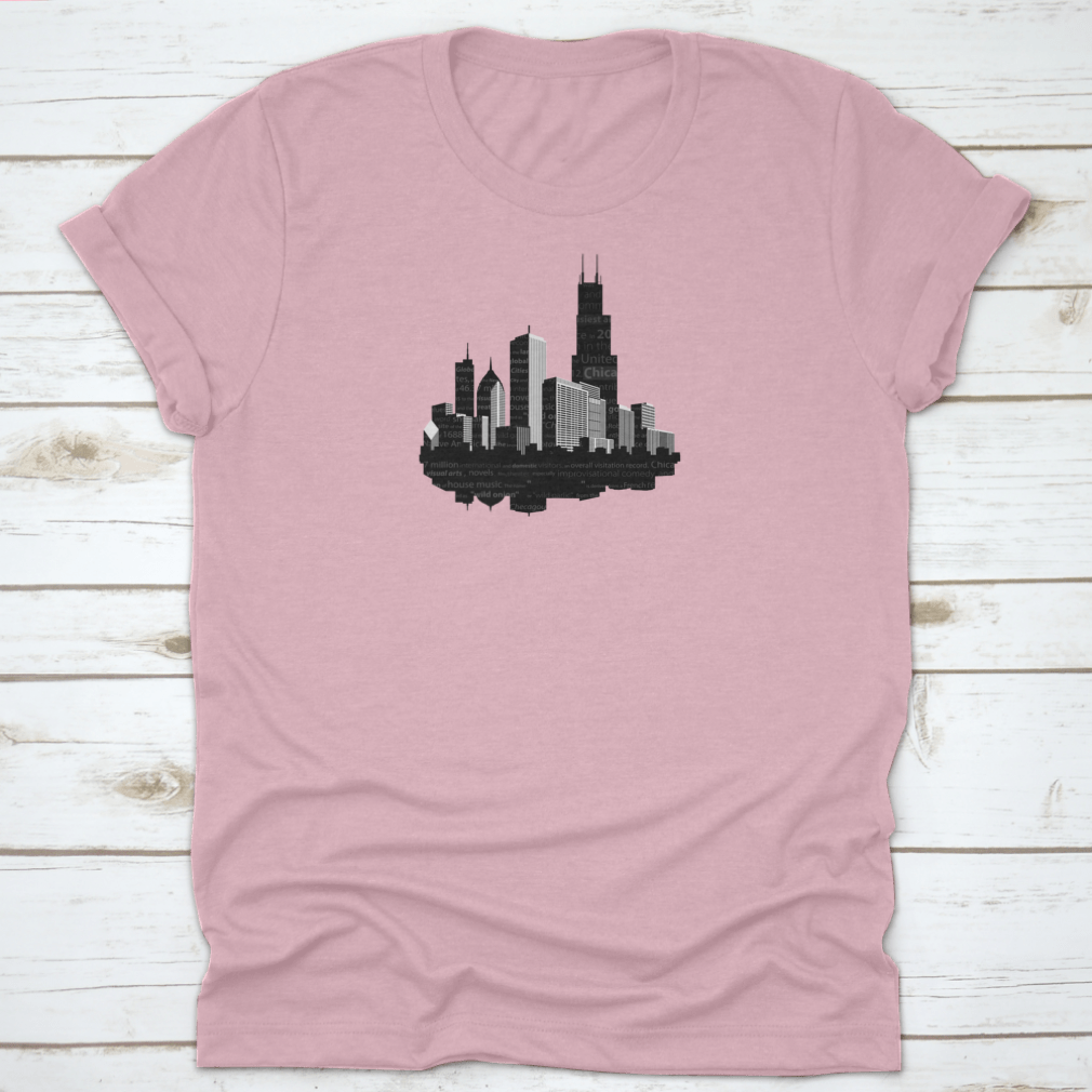 Chicago Modern City Silhouette T-shirt featuring a notable word cloud design in black ink on a soft cotton fabric.