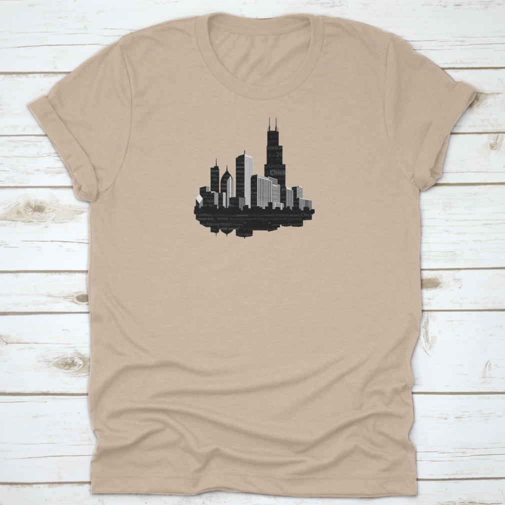 Beige t-shirt with cityscape print.