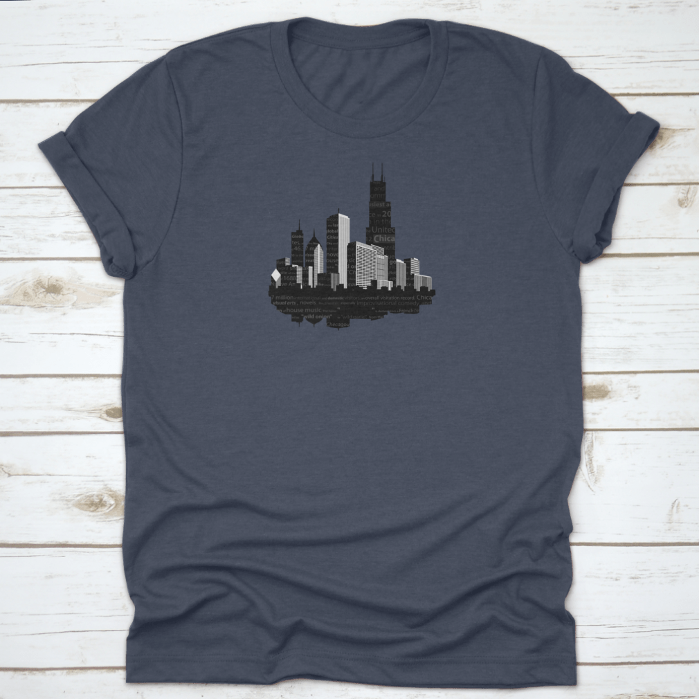 Navy T-shirt with city skyline.