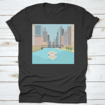 Vibrant flat design artwork of the Chicago River featuring a boat and colorful city buildings.