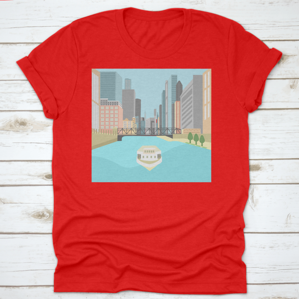 Vibrant flat design artwork of the Chicago River featuring a boat and colorful city buildings.