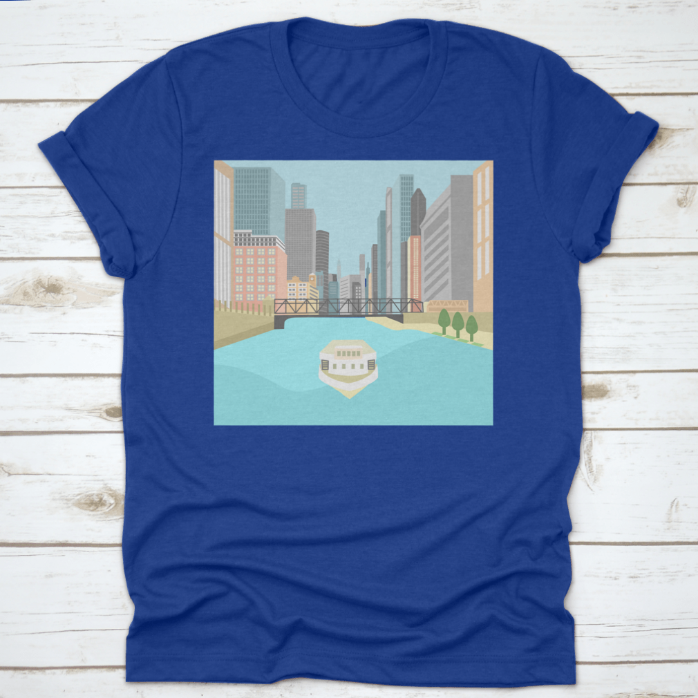 Vibrant flat design artwork of the Chicago River featuring a boat and colorful city buildings.
