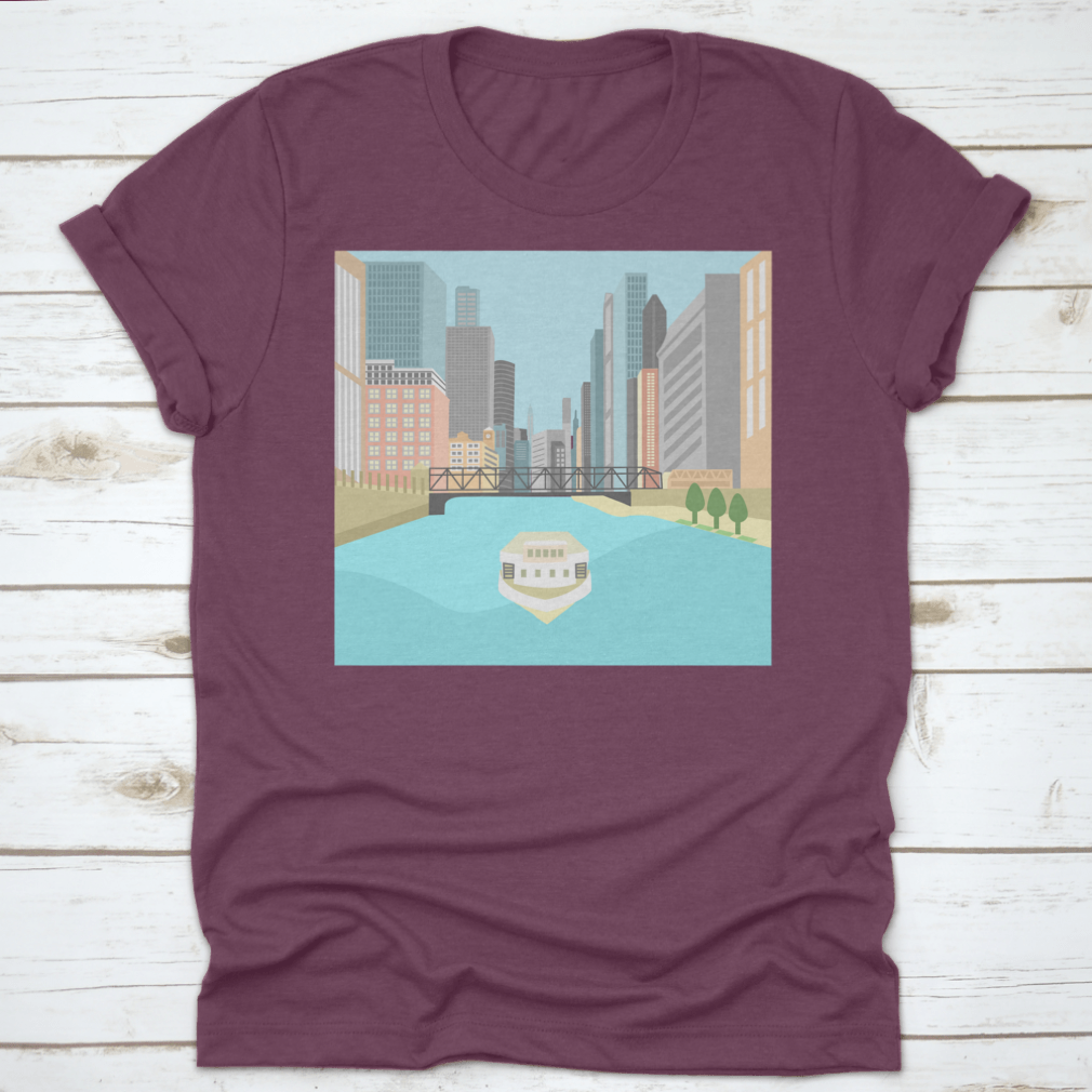 Vibrant flat design artwork of the Chicago River featuring a boat and colorful city buildings.
