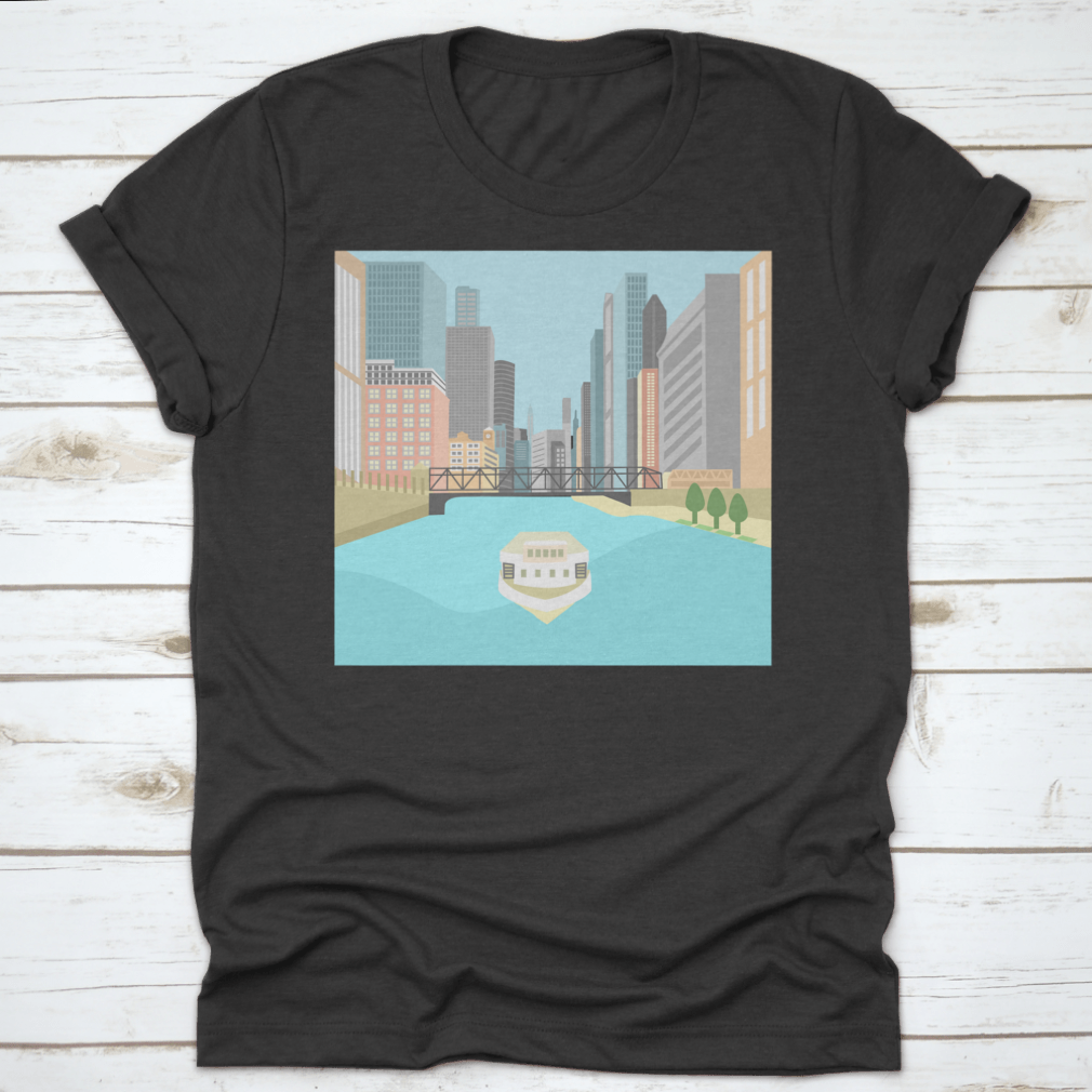 Vibrant flat design artwork of the Chicago River featuring a boat and colorful city buildings.