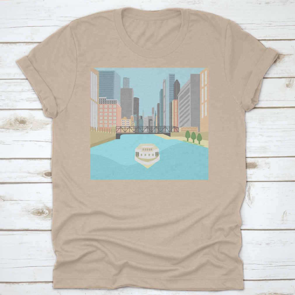 Vibrant flat design artwork of the Chicago River featuring a boat and colorful city buildings.