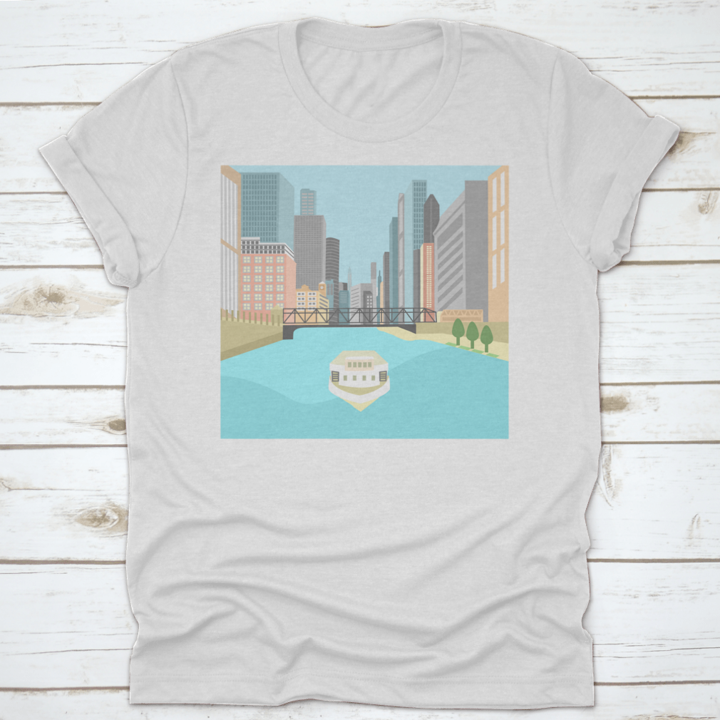 Vibrant flat design artwork of the Chicago River featuring a boat and colorful city buildings.