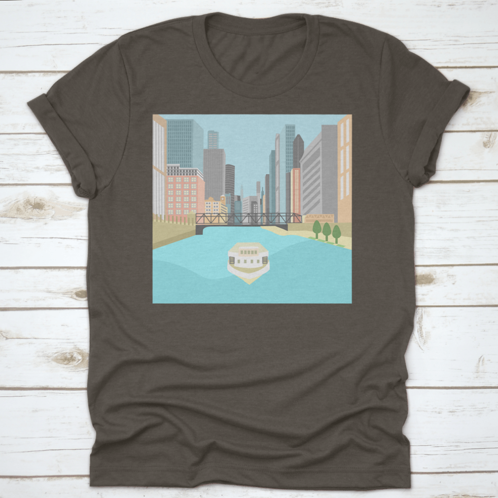 Vibrant flat design artwork of the Chicago River featuring a boat and colorful city buildings.