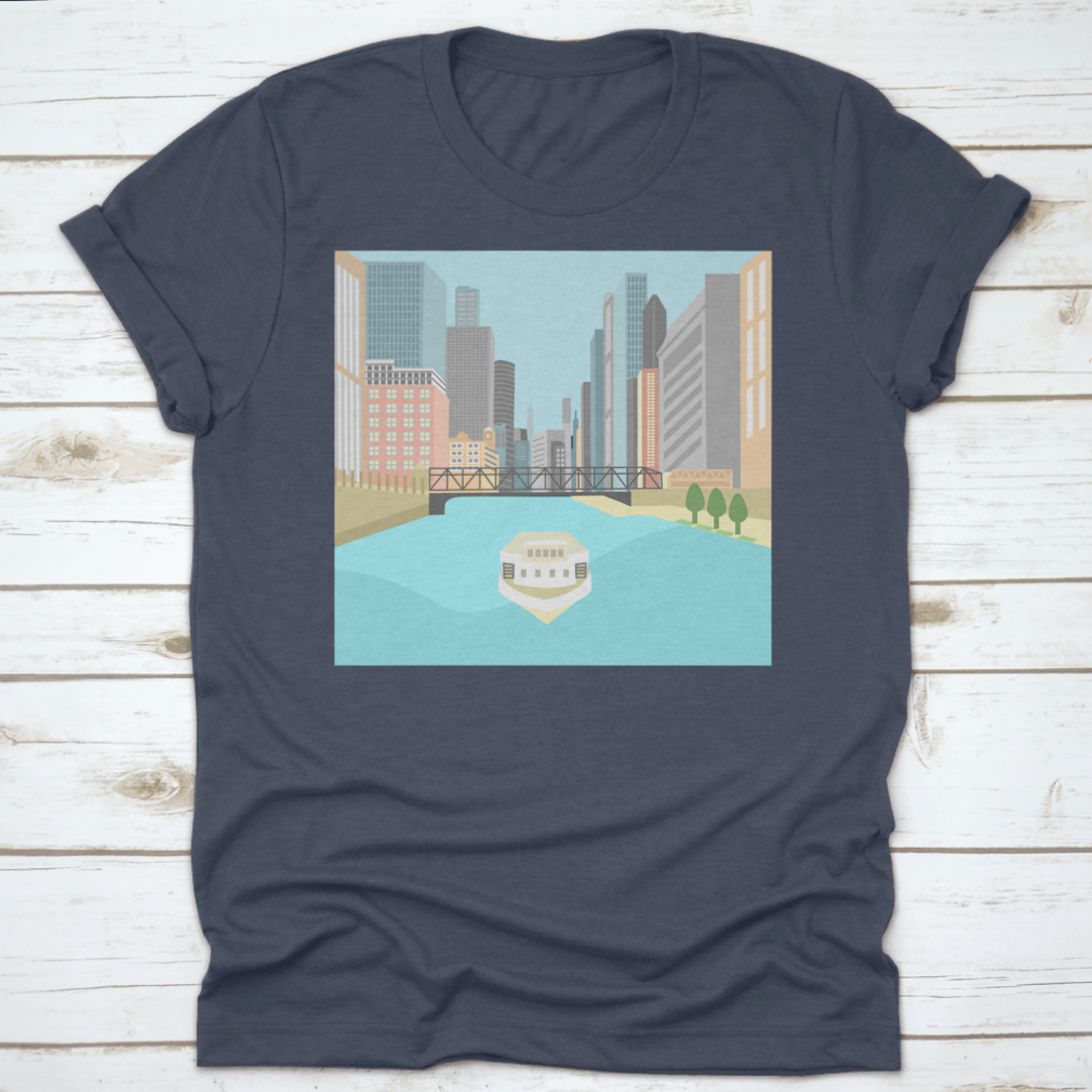 Vibrant flat design artwork of the Chicago River featuring a boat and colorful city buildings.