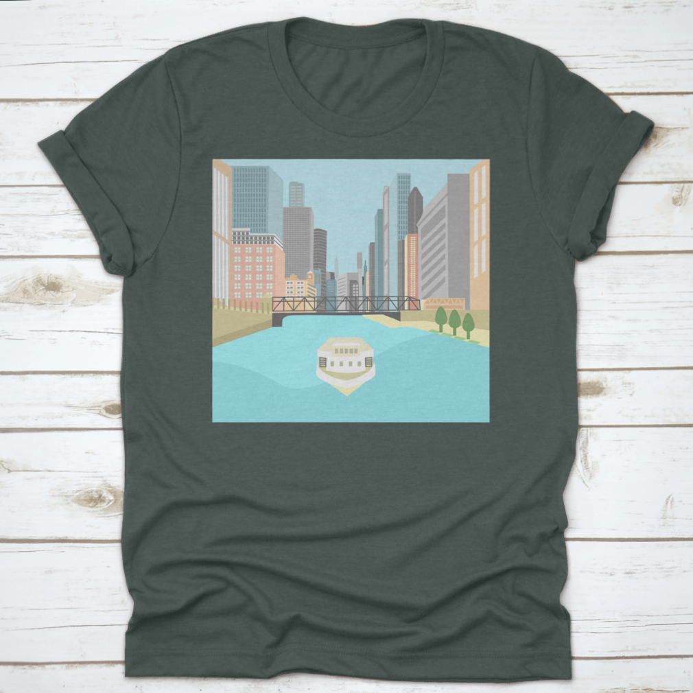 Vibrant flat design artwork of the Chicago River featuring a boat and colorful city buildings.