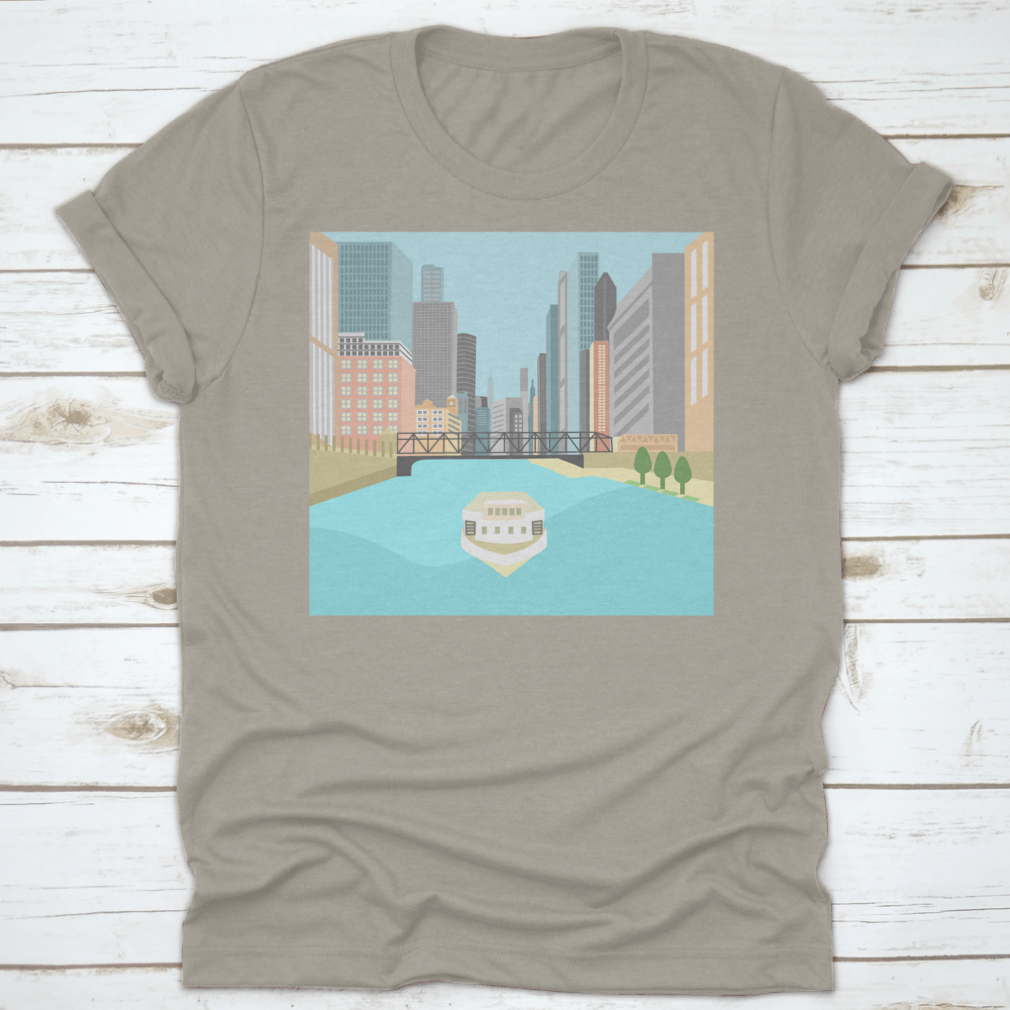 Vibrant flat design artwork of the Chicago River featuring a boat and colorful city buildings.