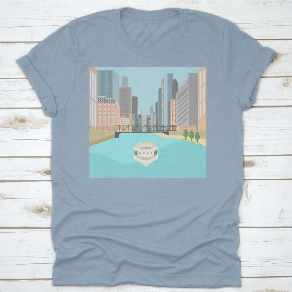 Vibrant flat design artwork of the Chicago River featuring a boat and colorful city buildings.