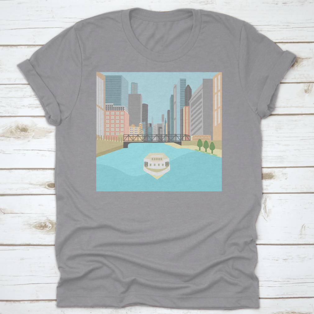 Vibrant flat design artwork of the Chicago River featuring a boat and colorful city buildings.