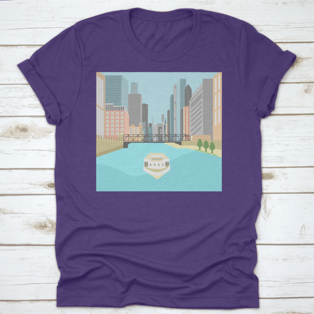 Vibrant flat design artwork of the Chicago River featuring a boat and colorful city buildings.