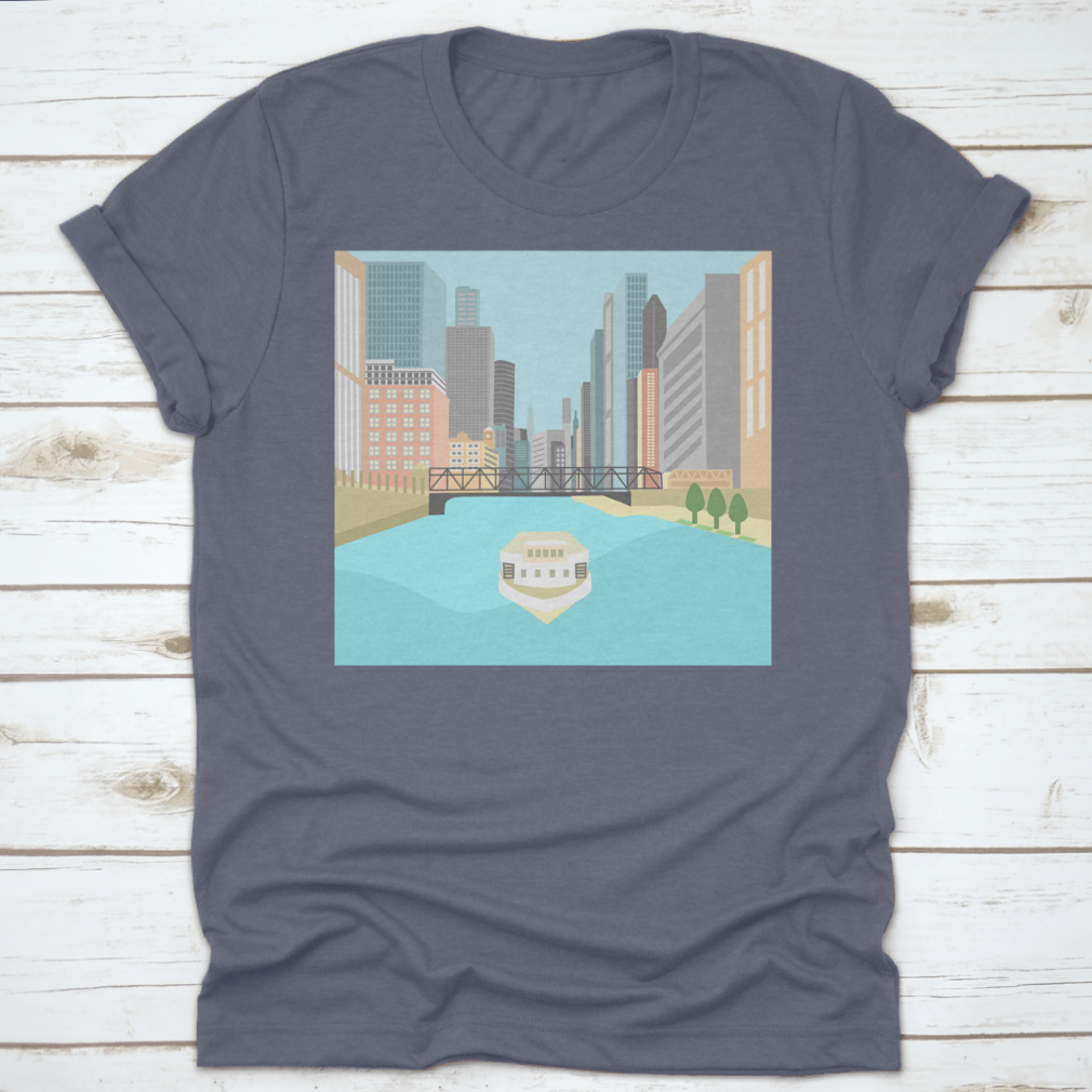 Vibrant flat design artwork of the Chicago River featuring a boat and colorful city buildings.