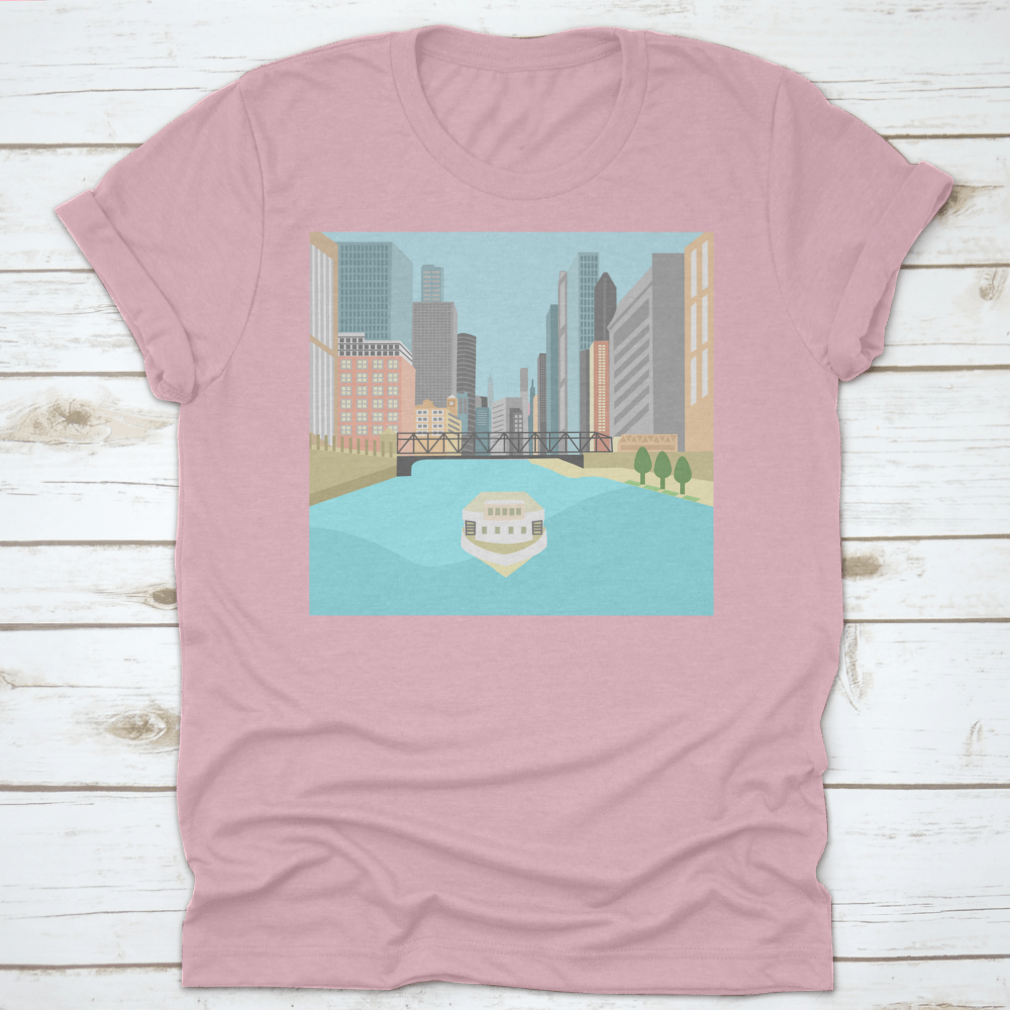 Vibrant flat design artwork of the Chicago River featuring a boat and colorful city buildings.