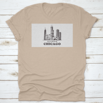 Chicago Sketch Skyline t-shirt featuring a hand-drawn vector design of the Chicago skyline on a soft cotton fabric.
