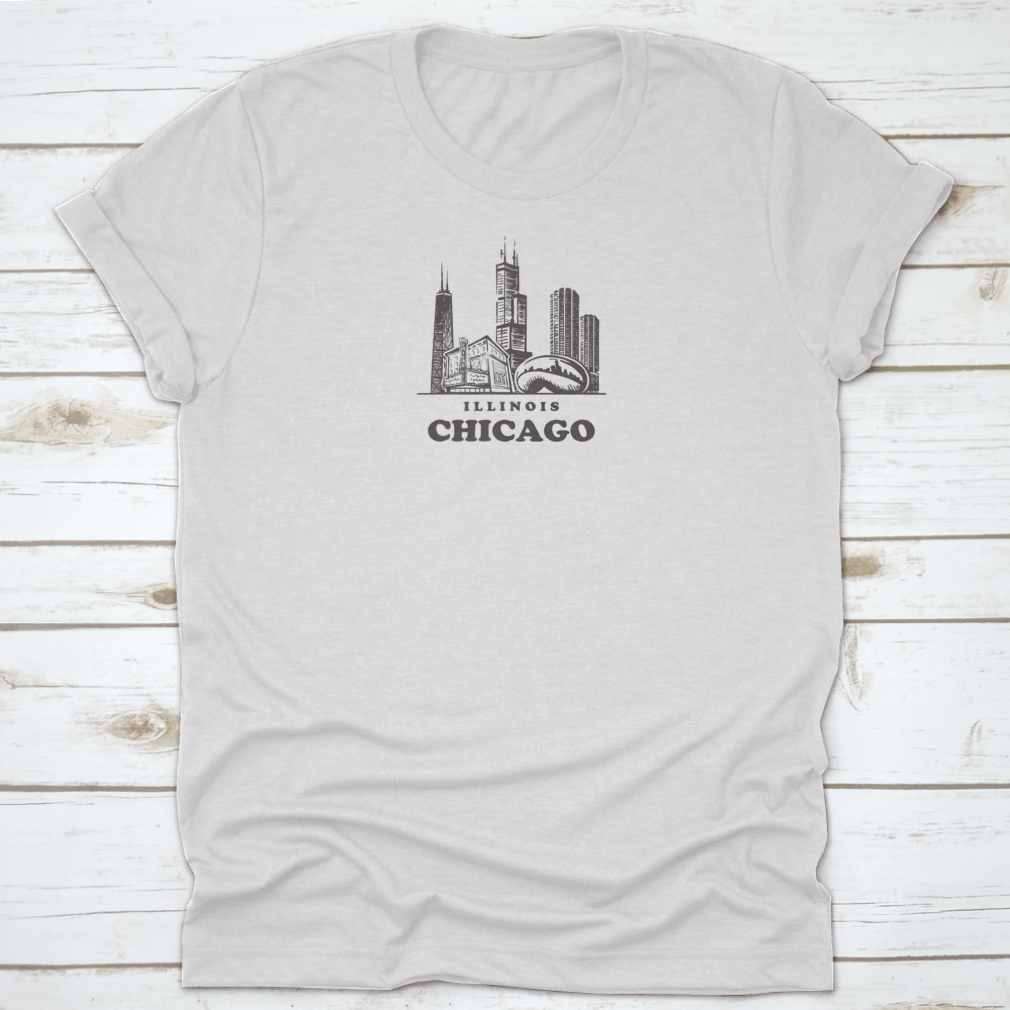 Chicago Sketch Skyline t-shirt featuring a hand-drawn vector design of the Chicago skyline on a soft cotton fabric.