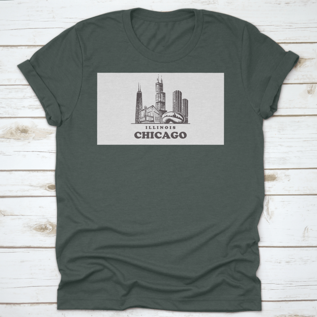 Chicago Sketch Skyline t-shirt featuring a hand-drawn vector design of the Chicago skyline on a soft cotton fabric.