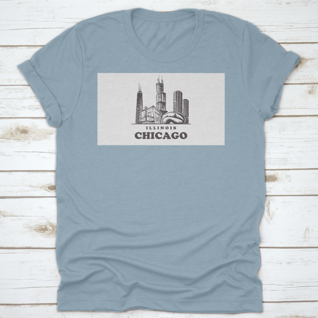Chicago Sketch Skyline t-shirt featuring a hand-drawn vector design of the Chicago skyline on a soft cotton fabric.