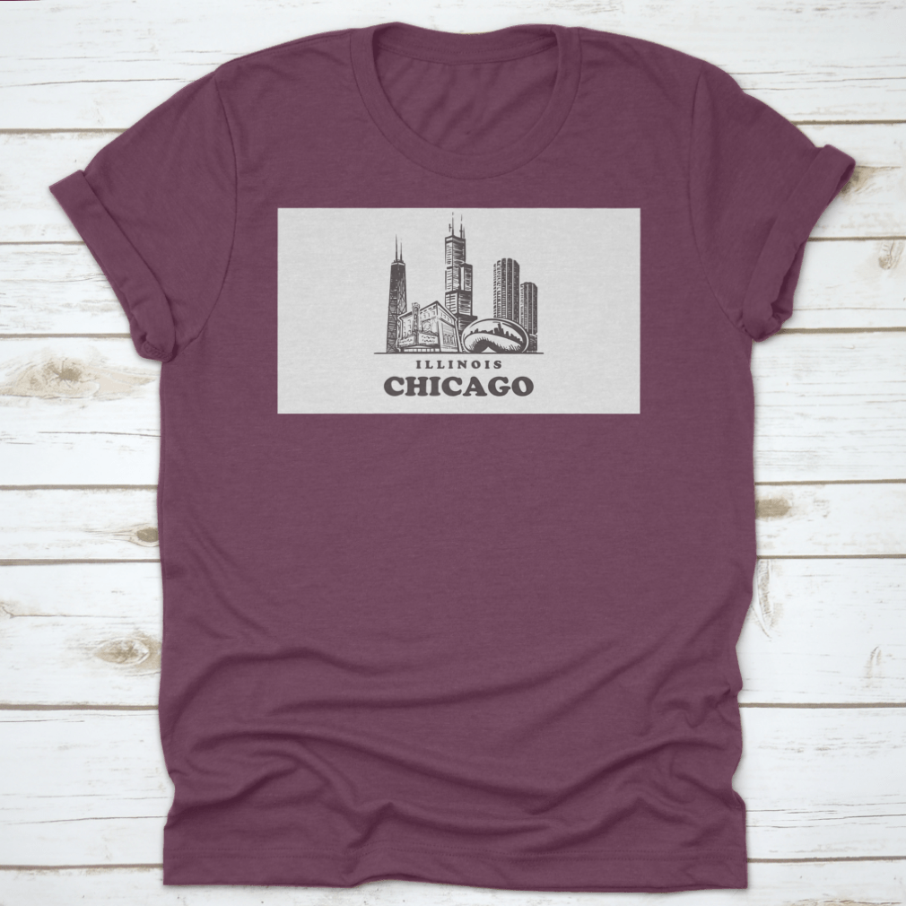 Chicago Sketch Skyline t-shirt featuring a hand-drawn vector design of the Chicago skyline on a soft cotton fabric.