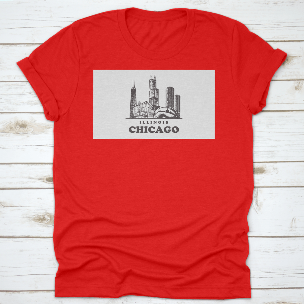 Chicago Sketch Skyline t-shirt featuring a hand-drawn vector design of the Chicago skyline on a soft cotton fabric.