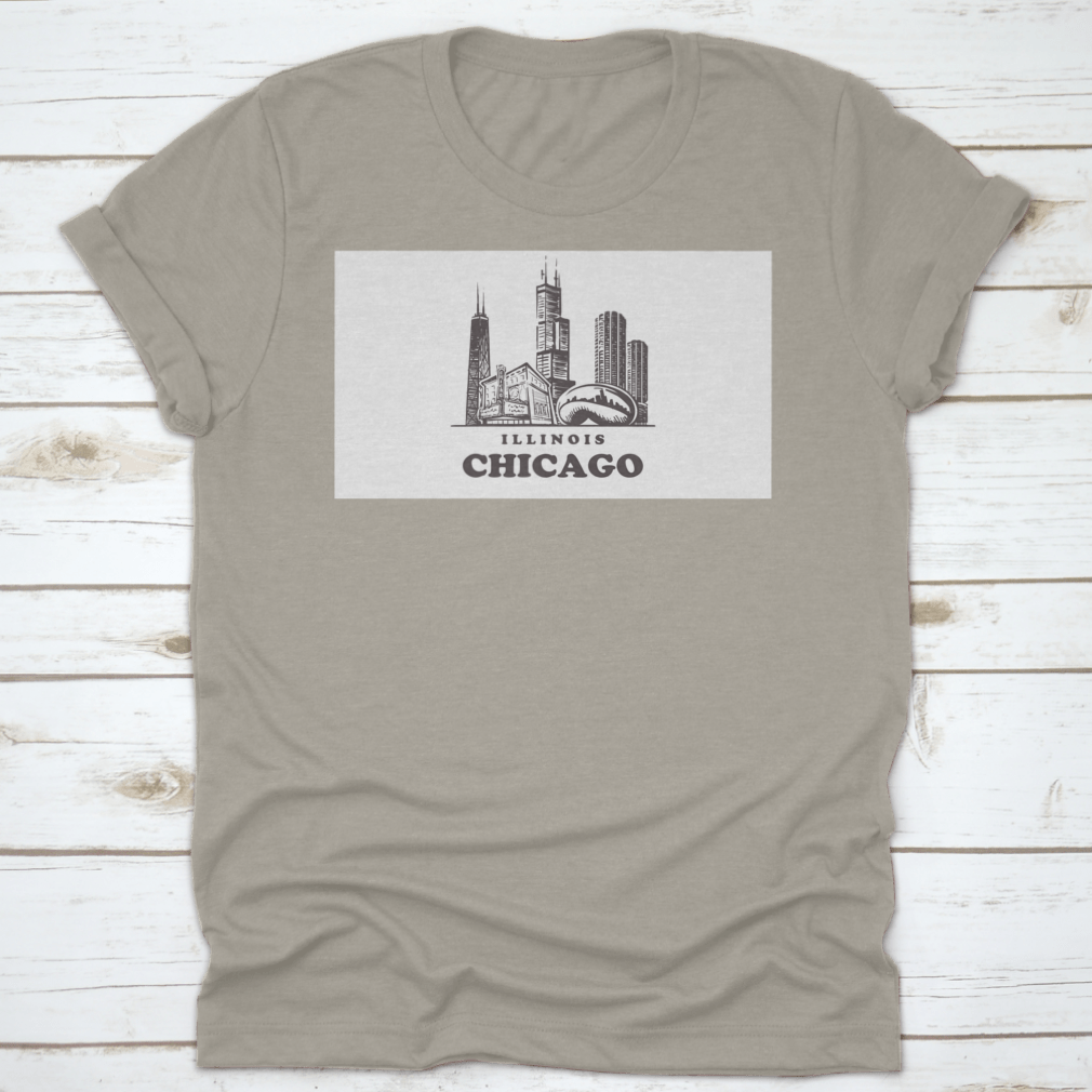 Chicago Sketch Skyline t-shirt featuring a hand-drawn vector design of the Chicago skyline on a soft cotton fabric.